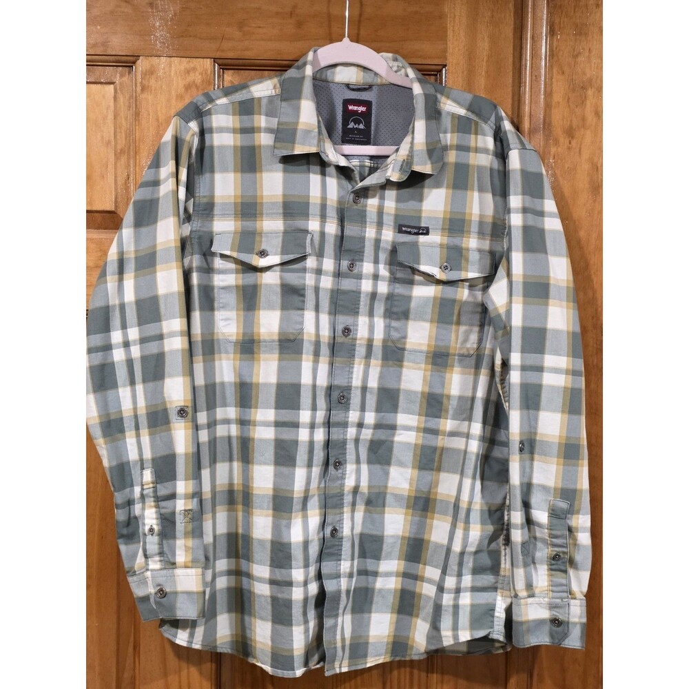Wrangler Mens Long Sleeve Large Outdoor Plaid Shirt Green Beige Button Front